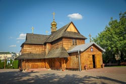 Wooden church with guide